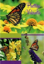 Prettige vakantie! Een bijzondere kaart met meerdere afbeeldingen van vlinders in de natuur. Een dubbele wenskaart inclusief envelop en in folie verpakt.