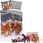 Dekbedovertrek Bruine Pony's - Flanel-Katoen- 1 persoons- 140x200- dekbed slaapkamer- Happy Horses - paard, incl.  Auto speel set Paardentransport