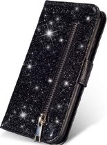 LuxeBass Hoesje geschikt voor Samsung Galaxy A21S Glitter Bookcase hoesje Portemonnee met rits - Zwart - telefoonhoes - gsm hoes - telefoonhoesjes