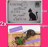 Kattenhebbedingen - 2x wandbord - 2x cat sign - 2x Katten tekstbord - verrekte hond - a home whitout a cat