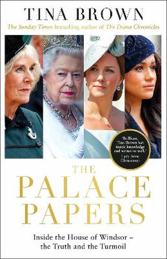 Boekomslag: "The Palace Papers" van Tina Brown, met portretten van Camilla, de Queen, Kate Middleton en Meghan Markle.