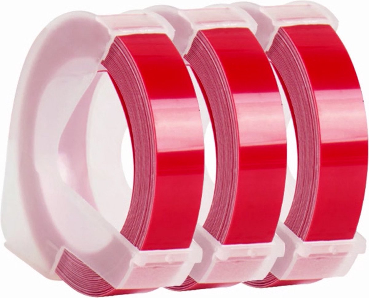 Dappaz - 3 stuks Label Tape 3D Wit op Rood 9 mm Compatible - Geschikt voor Dymo Lettertang - S0898150 Reliëftape