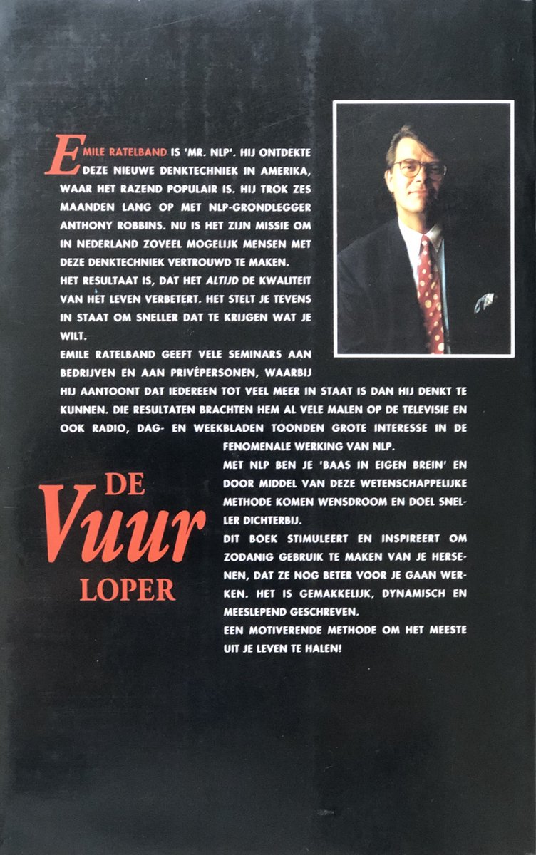 Boekomslag achterkant met foto van Emile Ratelband en tekst over 'De Vuurloper' en NLP.