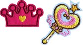 Strijk Embleem 'Prinses Kroon - Toverstaf - ROZE - Stof Applicatie - Geborduurd - Kleding - Badges - Schooltas - Strijkletters - Patches - Iron On - Glue