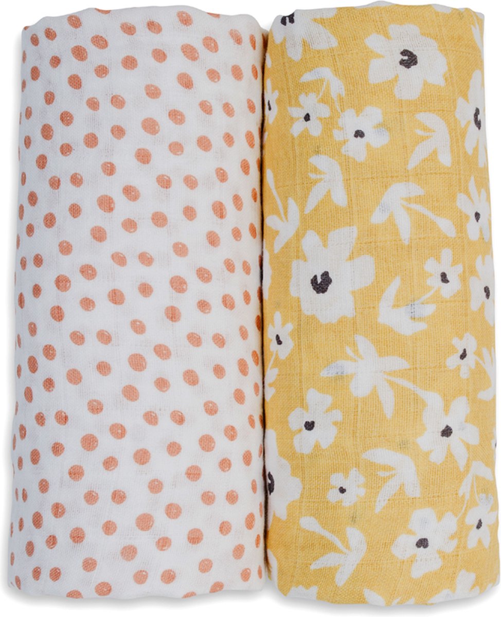 Lulujo - hydrofiele doek - swaddle - katoen - 100x100 cm - 2-pack - Yellow Wildflowers & Dots