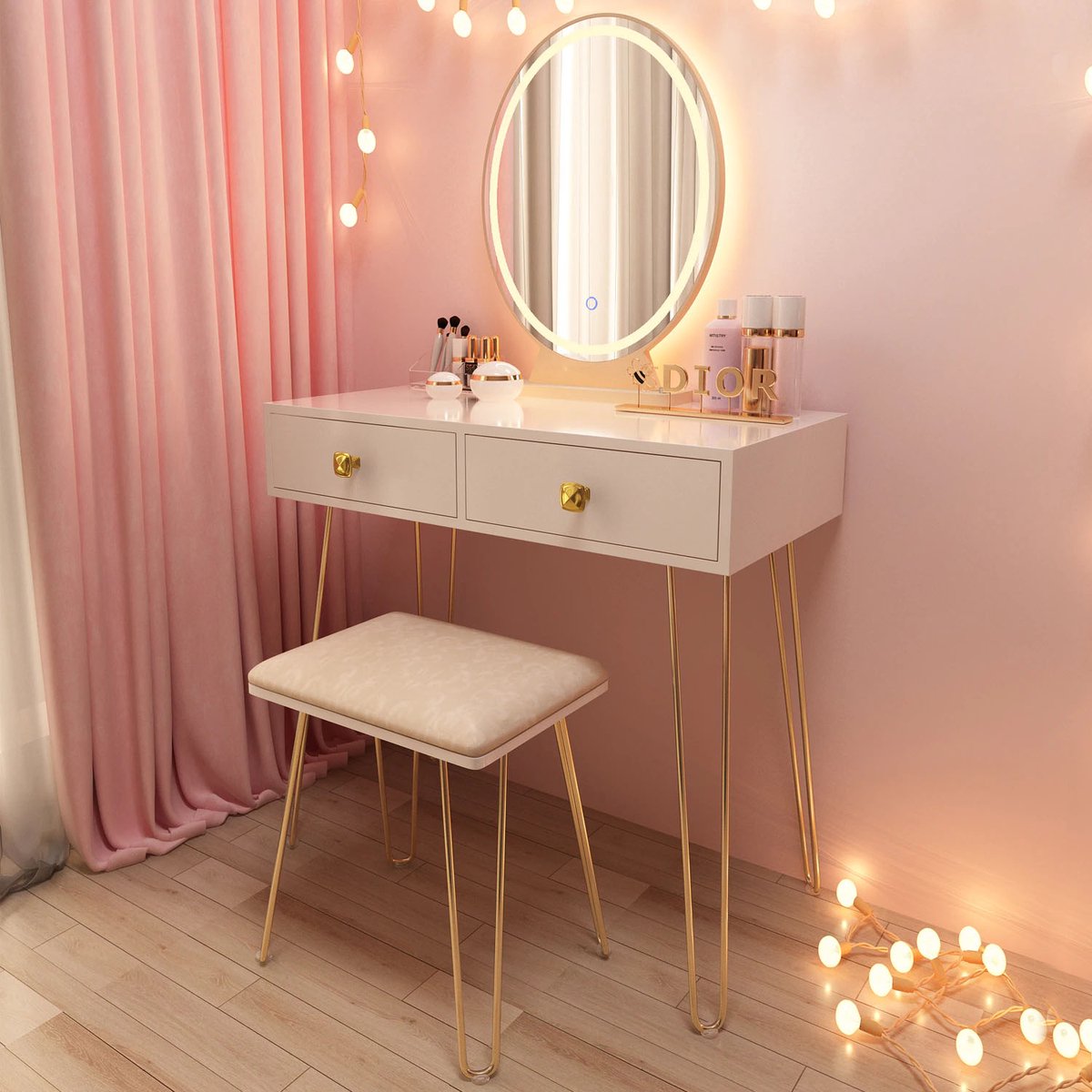 Vicco Make-uptafel set met kruk Wit 120 cm met LED-spiegel en kruk