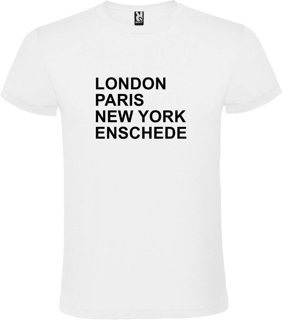 Wit t-shirt met " London, Paris , New York, Enschede " print Zwart size M
