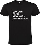 Zwart t-shirt met " London, Paris , New York, Amsterdam " print Wit size M