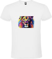 Wit T-shirt met Leeuwenkop in prachtige kleuren size L