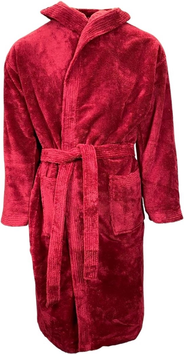 Velvet Badjas met Capuchon - Velvet Bordeaux Rood Met Capuchon - Maat XS - Hoogwaardige kwaliteit - Zeer luxe - Ochtendjas - Luxe Badstof van Katoen en Polyester - Heerlijk warm - Super zacht fleece - Binnenzijde katoen