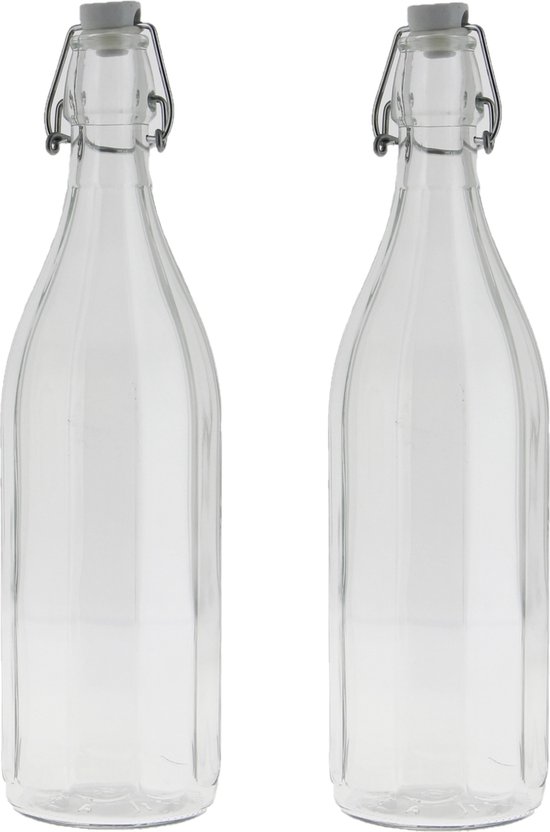 2x Stuks glazen fles transparant met beugeldop 1000 ml - Waterfles - Olie/azijn fles