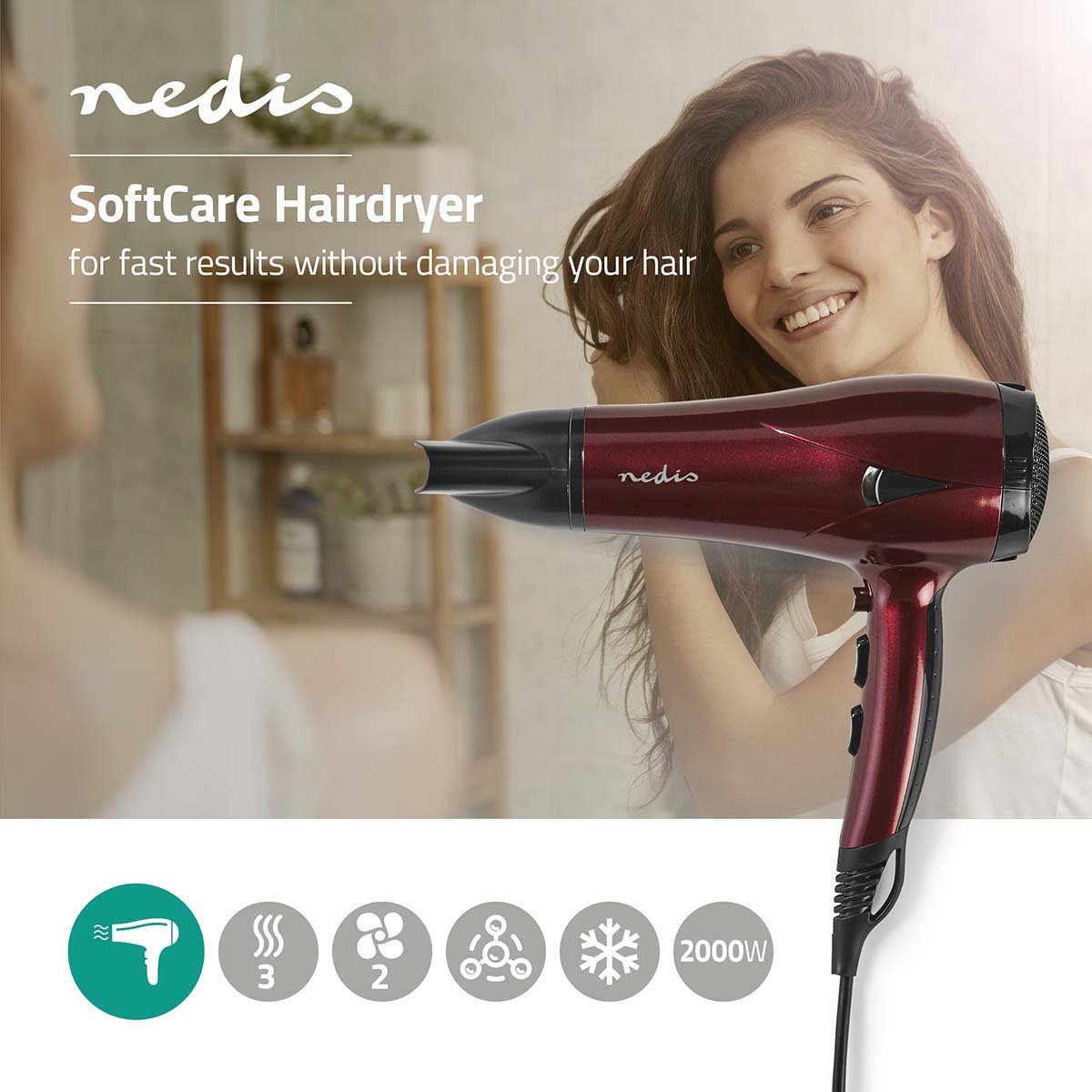 Nedis Föhn | 2000 W | Concentrator / Verdeler | 3 Warmte Standen | 2 Snelheden | Oververhittingsbeveiliging | 1.80 m | Rood / Zwart | Kunststof