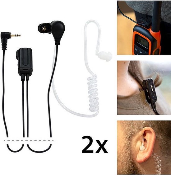 Twee oortjes met microfoon en spiraalkabel voor walkietalkies. De oortjes zijn discreet en worden aan de kleding geknipt.