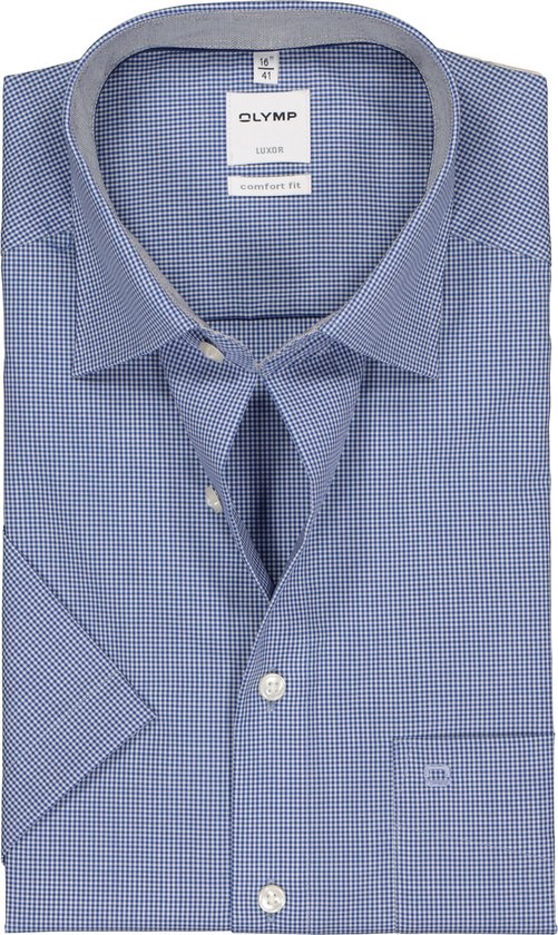 OLYMP Luxor comfort fit overhemd - korte mouw - donkerblauw met wit geruit (contrast) - Strijkvrij - Boordmaat: 41