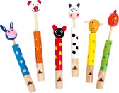 Set van 6 houten gekleurde dieren fluitjes / fluiten (koe, lieveheersbeestje, kip beertjes, konijn) (leuk als traktatie / uitdeel cadeau / gadget)