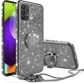 XTCASE - Glitter Case voor Samsung Galaxy A52 - Bling Sparkly Telefoonhoesje - met 360° Rotatie Ring Houder en Koord- Kickstand - Zachte TPU - Siliconen - Shockproof - Beschermhoes - Zwart