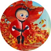 Muurcirkel - Wandcirkel - Lieveheersbeestje, herfst in sprookjes setting - Kinderschilderij  - Dibond - ⌀ 50 cm - Binnen en Buiten - Incl. ophangsysteem