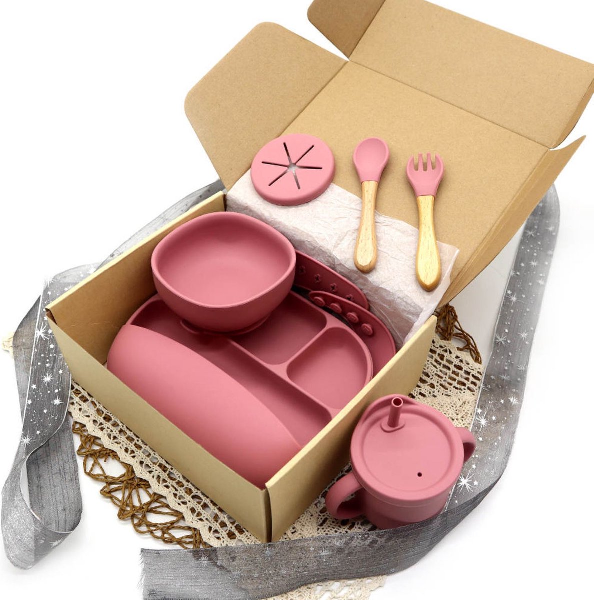 Goedkoopste Kersvers - siliconen baby servies - kinderbord - baby bord - slabbetje - antislip - oudroze - kraamcadeau - giftset - kinderbestek - BPA vrij