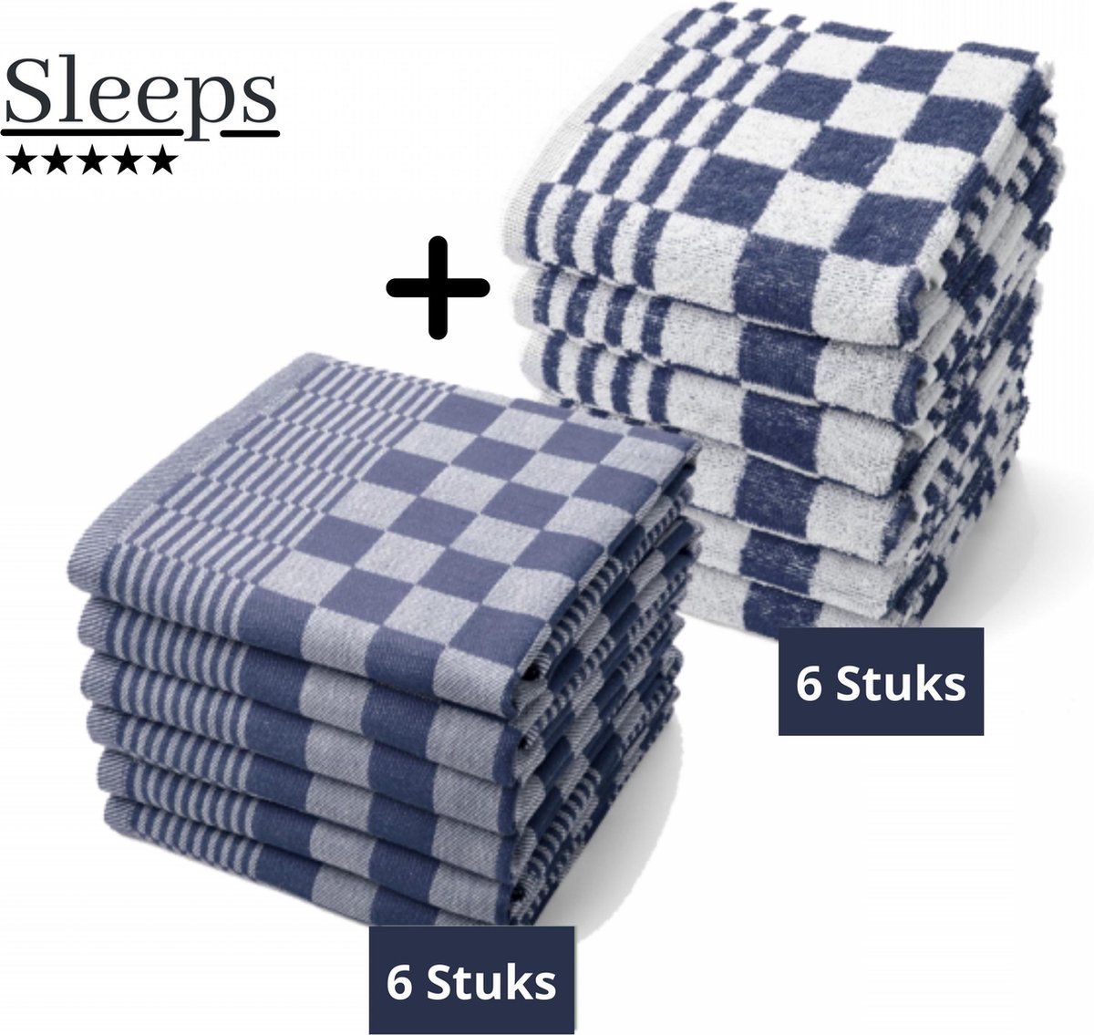 Sleeps® Horeca Kwaliteit Katoenen Keukendoeken & Theedoeken set - 6x Theedoeken + 6x Keukendoeken - Blauw Wit -