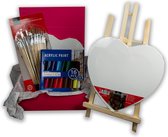 Moederdagbox voor haar - creatief moederdagcadeau  - 2x schildersdoek hart - schildersezel - acrylverf in 16 verschillende kleuren - kwastenset - luxe geschenkdoos - moederdag cadeautje vrouw