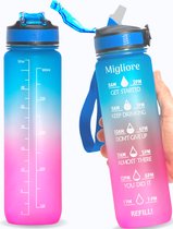 Migliore Drinkfles – Luxe Drinkfles Met Rietje – Waterfles 1 Liter – Water Bottle – Motivatie Waterfles met Tijdmarkeringen - Ook in 600 ml en 2 Liter