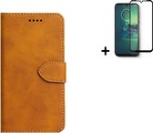 Motorola Moto E20 Hoesje - Motorola Moto E20 Screenprotector - Wallet Bookcase Cognac Bruin + Full Screenprotector