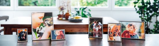 Une rangée de cadres photo avec des photos d'un chien, une fille avec un lapin, un bébé, une famille et un jeune enfant.
