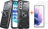 Samsung S21 FE Hoesje Heavy Duty Armor Hoesje Zwart - Galaxy S21 FE Case Kickstand Ring cover met Magnetisch Auto Mount- Samsung S21 FE screenprotector 2 pack