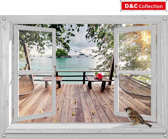 D&C Collection - tuinposter - 90x65 cm - doorkijk - wit luxe venster Thais vlonderterras - thee - bloem - tuin decoratie - tuinposters buiten - schuttingposter - tuindoek