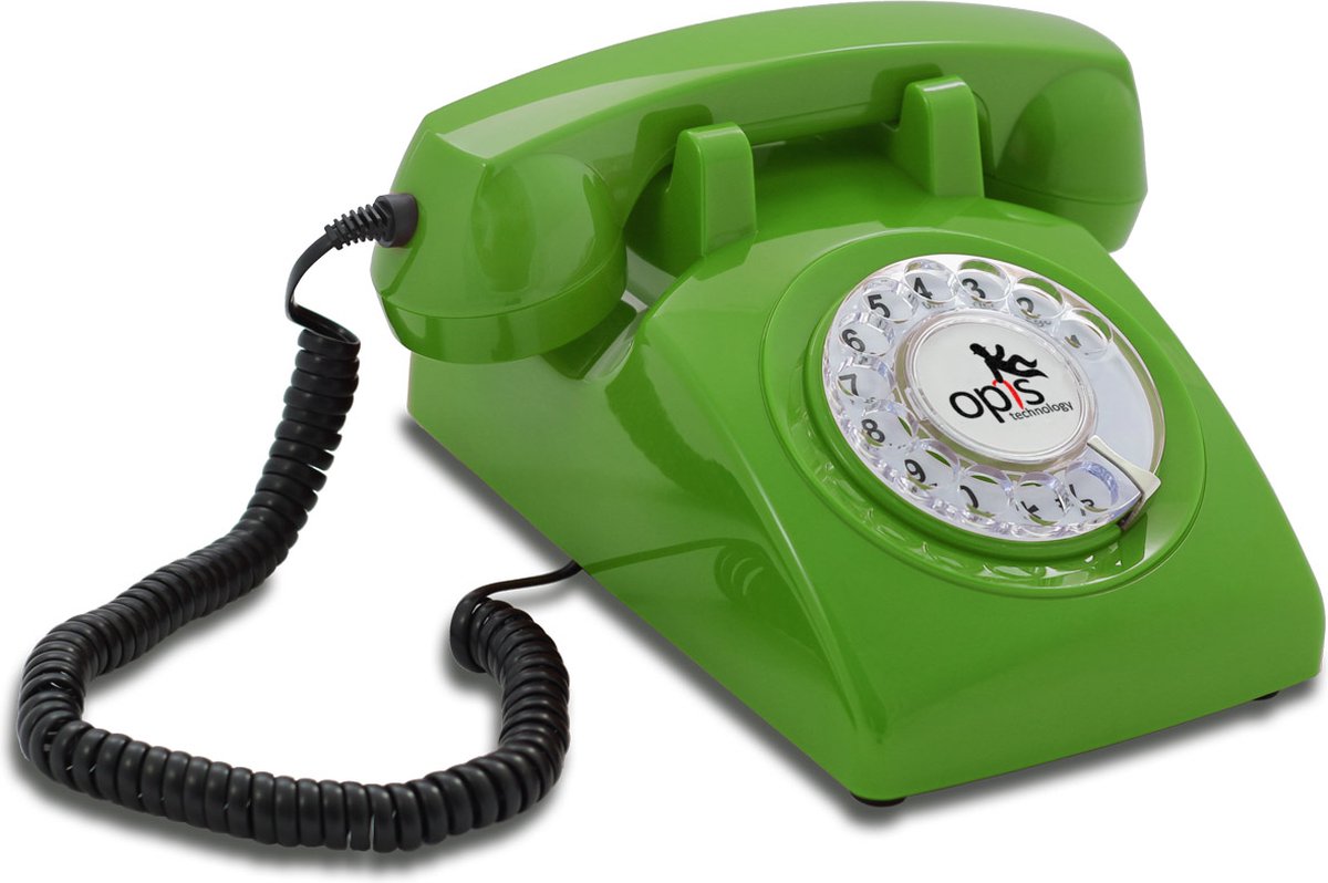 Opis 60's Retro telefoons - met draaischijf - mechanische rinkelbel - groen