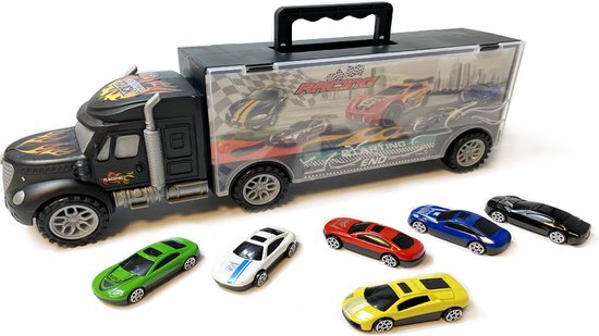 Vrachtwagen transporter truck - speelgoed mini auto's - 6-delig set koffer - Oplegger voor 12 auto's- 39CM