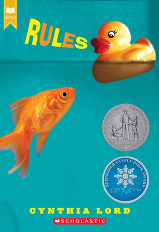 Gouden badeend drijft boven een goudvis in blauw water. Titel: RULES. "Gold" en "Scholastic" logo's.