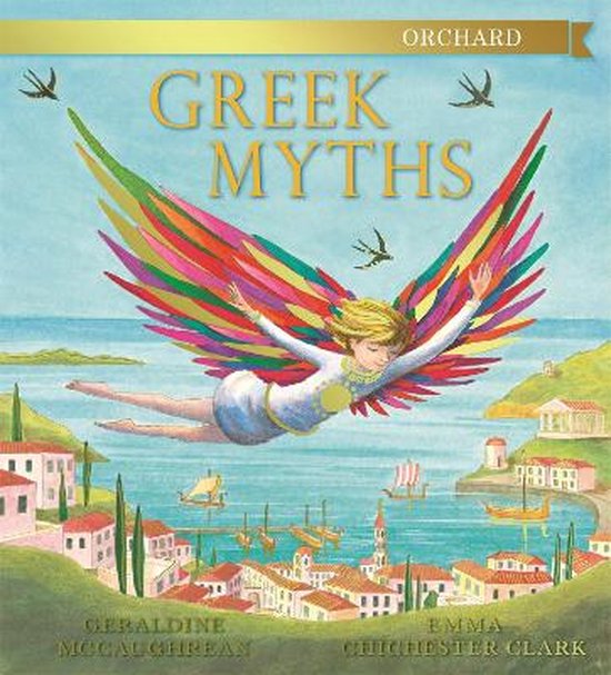 Livre pour enfants 'Greek Myths' avec une fille aux ailes colorées volant au-dessus d'une ville méditerranéenne.