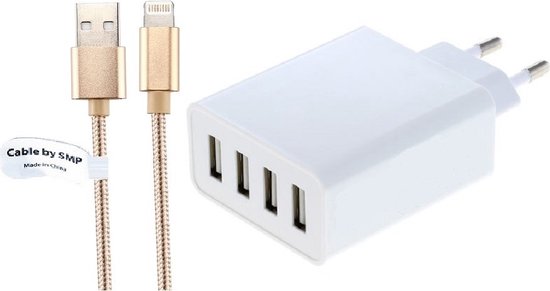 OneOne 4 poort lader + 2,0 m USB kabel. 12 Watt oplader adapter met