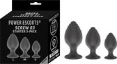 Power Escorts - Screw 03 Plug Anal Starter 3-Pack - S, M & L - Trendy zwart - Uniek Design - Speciale Vormgeving - Buttplug set - Quality Silicone - geen goedkoop plastic Tpe Mater