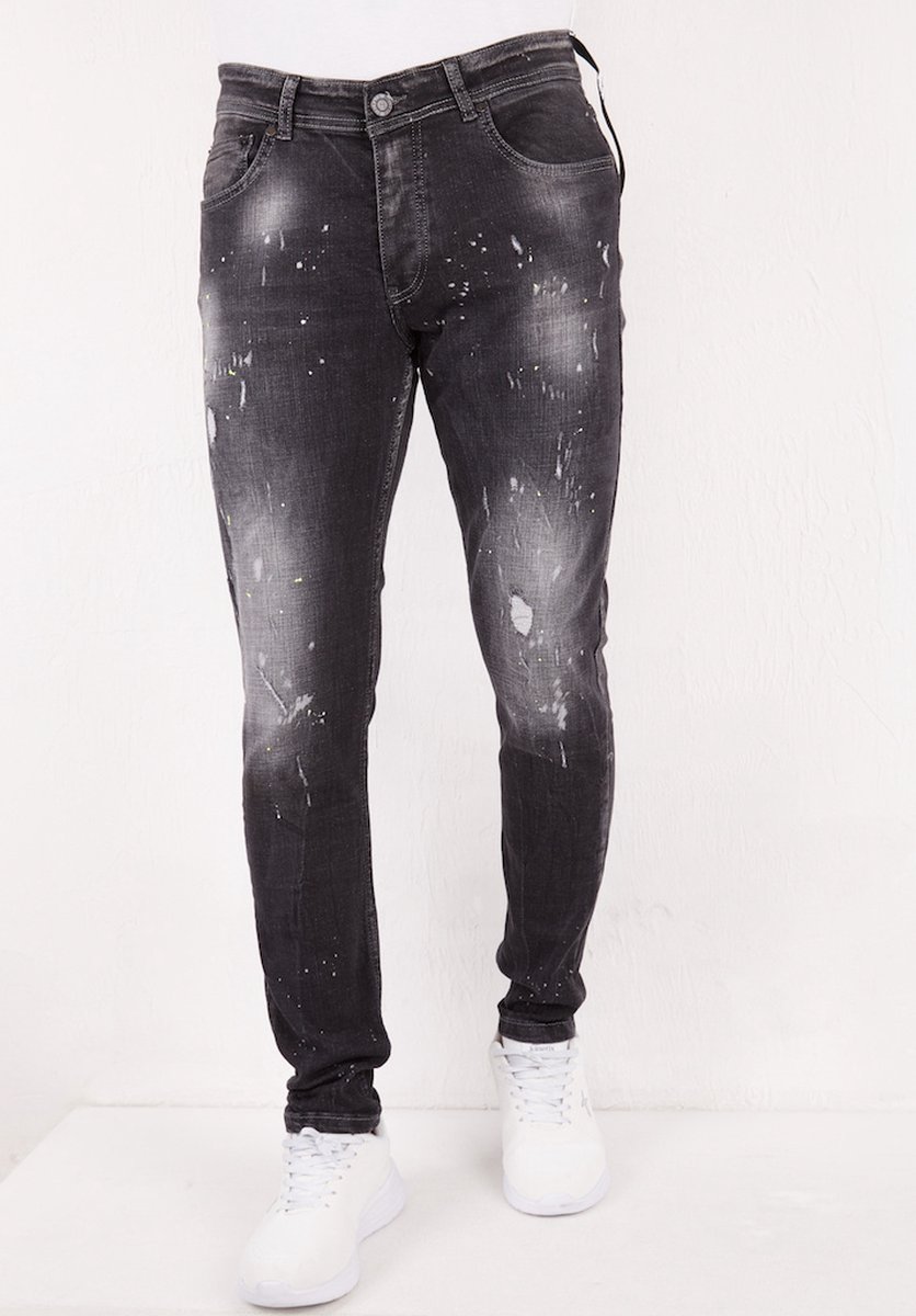 Black Ripped Paint Splatter Slim Fit Jeans DC014 Zwart