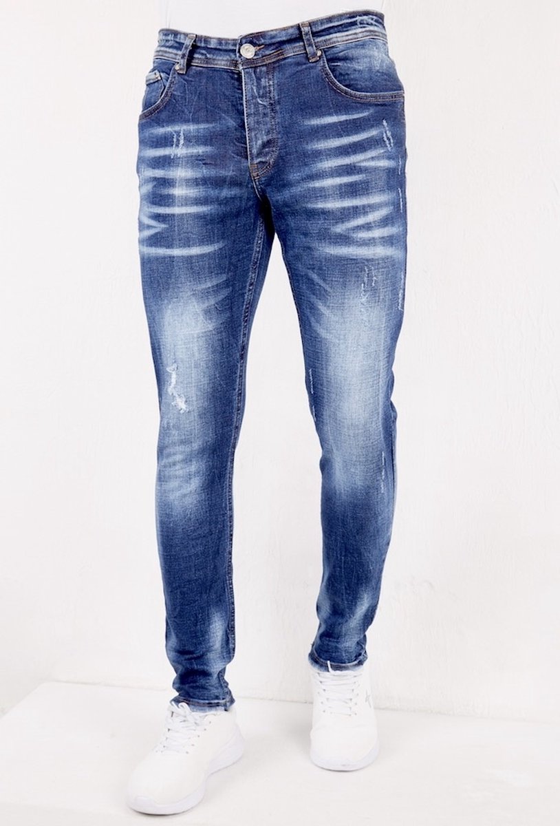 Slim Fit Jeans met Scheuren Heren SLM37 Blauw