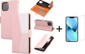 Apple iPhone 13 Book Case | Pu Lederen Telefoonhoesje | Roze & Wit + 1x Screenprotector