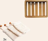 UpNature - badkamersetje - Sisal 3 zeepzakjes een 1 bamboe zeepbakje - Soap Bar zakje