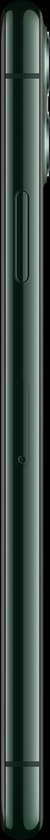 Zijaanzicht van een donkergroene iPhone 11 Pro met de volumeknoppen en de simkaartlade.