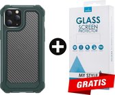 Backcover Shockproof Carbon Hoesje iPhone 11 Pro Max Legergroen - Gratis Screen Protector - Telefoonhoesje - Smartphonehoesje