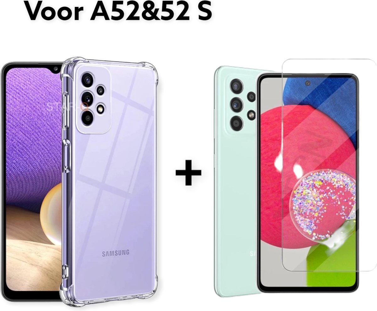 samsung a52 & a52s hoesje siliconen-transparant +screen protector tempert glass