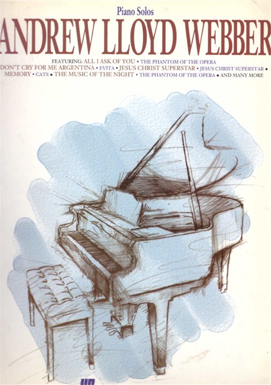 Albumhoes met schets van een vleugel en pianokruk, met titel 'ANDREW LLOYD WEBBER Piano Solos'.