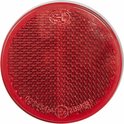 Rode, ronde, zelfklevende reflector met certificeringsmarkeringen.