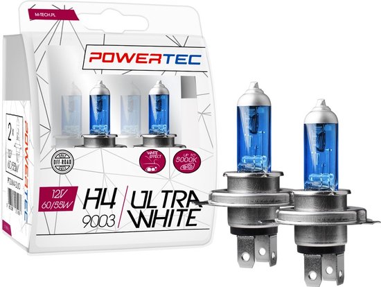 Verpakking met twee Powertec H4 Ultra White halogeenlampen met blauw glas, 12V 60/55W.