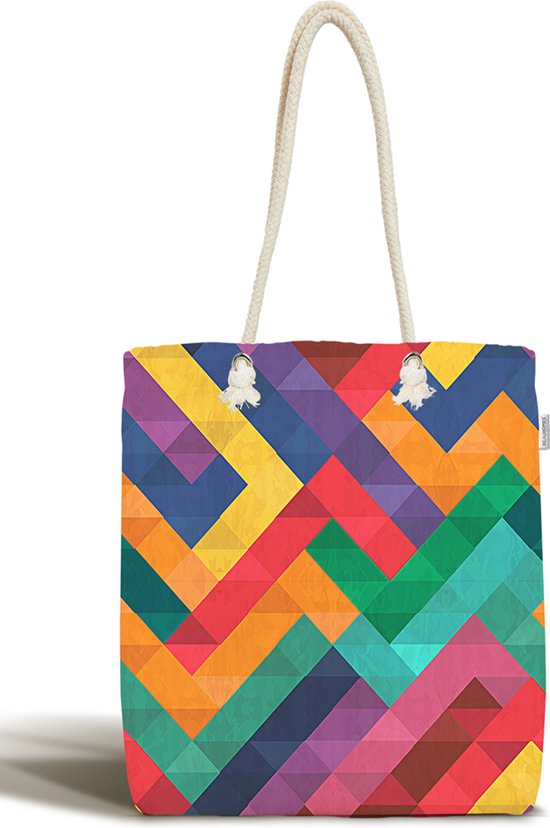 Schoudertas dames met rits - Kleurrijke rechthoeken - Canvas 45x50 - Strandtas - Shopper tas - Dames tassen - Zomer - Hobby