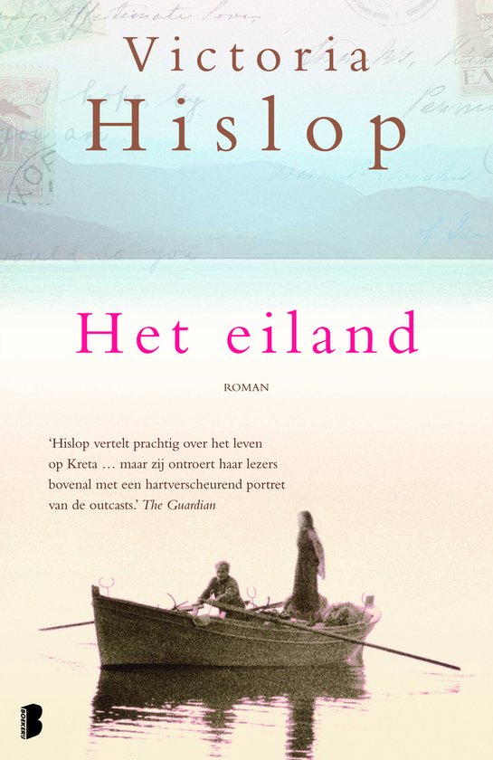 Boekomslag "Het eiland" van Victoria Hislop met een roeiboot en twee figuren op het water.