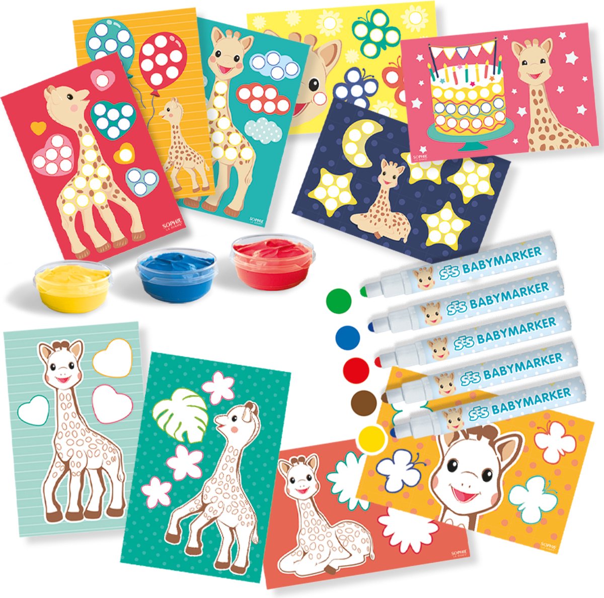 SES Creative - Sophie la Girafe - 2-in-1 - Kleuren en verven - 3 kleuren vingerverf - 5 babymarker stiften - met 10 knutselkaarten - makkelijk uitwasbaar — afbeelding 2