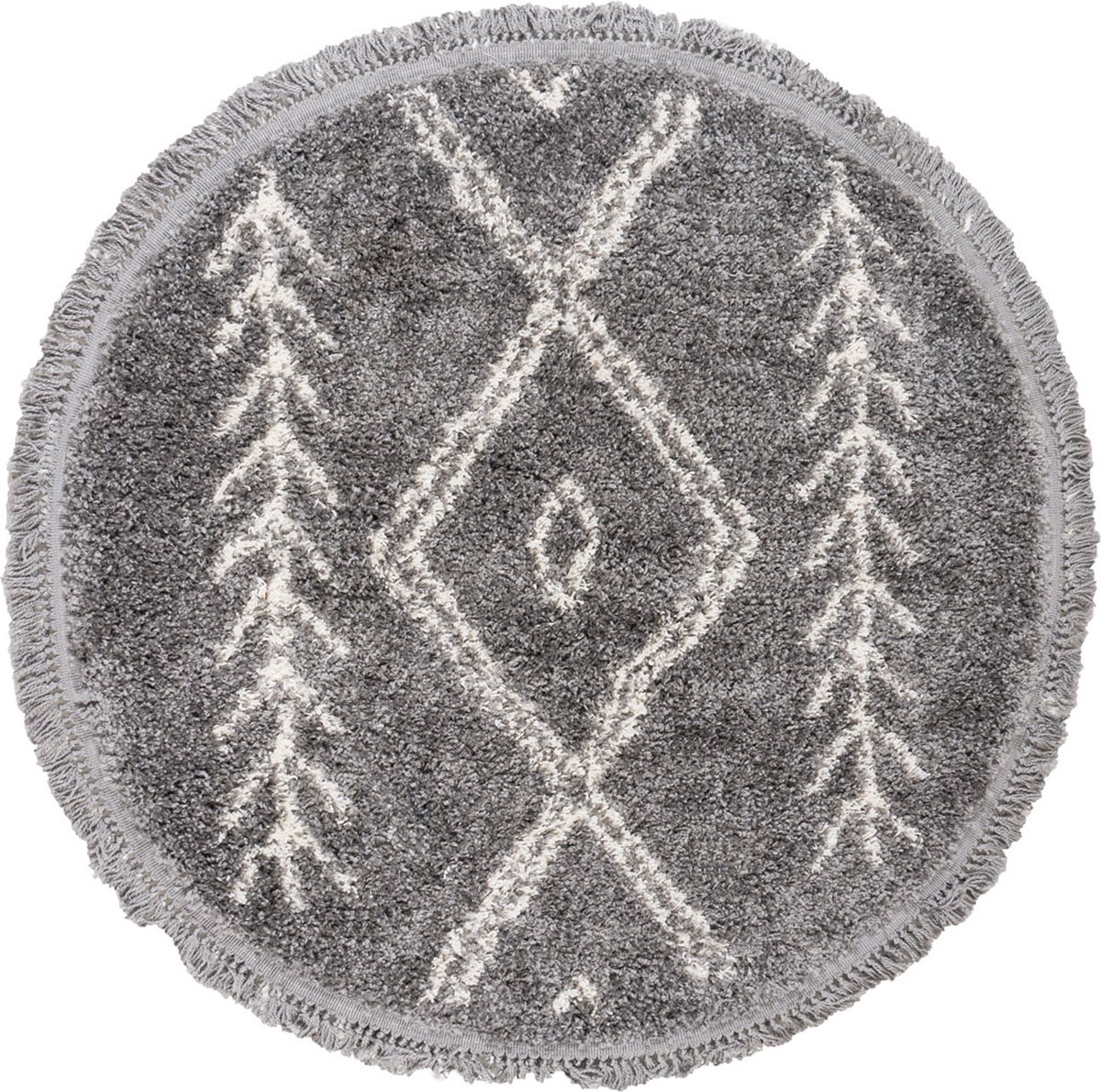 Veer Carpets Vloerkleed New Rabat Grey Rond ø200 cm - Berber Design Vloerkleed met Franjes – Modern / Bohemian Interieur Grijs