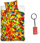 Dekbedovertrek Lego- 1persoons- 140x200- dubbelzijdig- Katoen- bouwstenen- bricks, incl. rode lego steen sleutelhanger